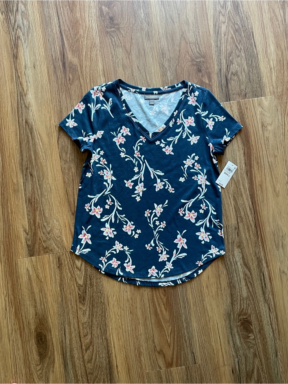 Style & Co. Navy V-Neck Short Sleeve Top with Pink Floral Print
